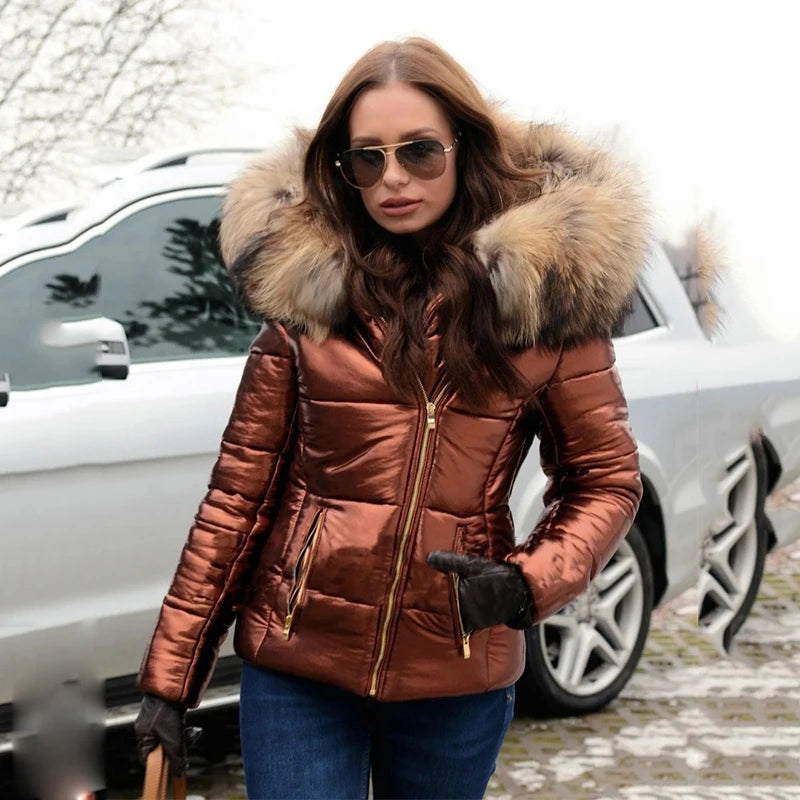Gewatteerde jas - Glanzend - Ritssluiting - Jas met bontkraag - Winterjas voor dames-Hallo Susanne