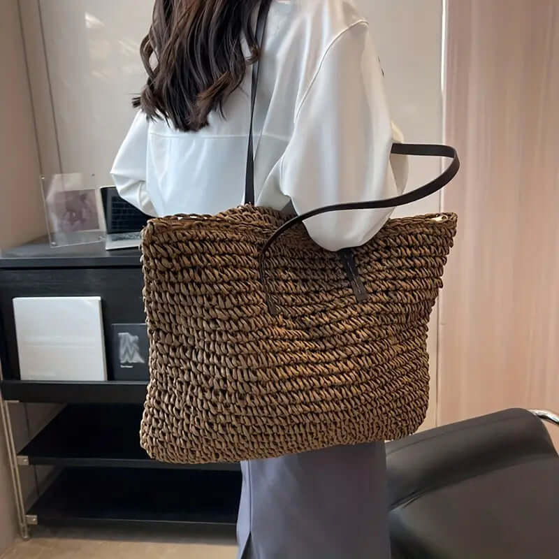 Geweven tas - Geweven shopper damestas met leren riemen-Hallo Susanne
