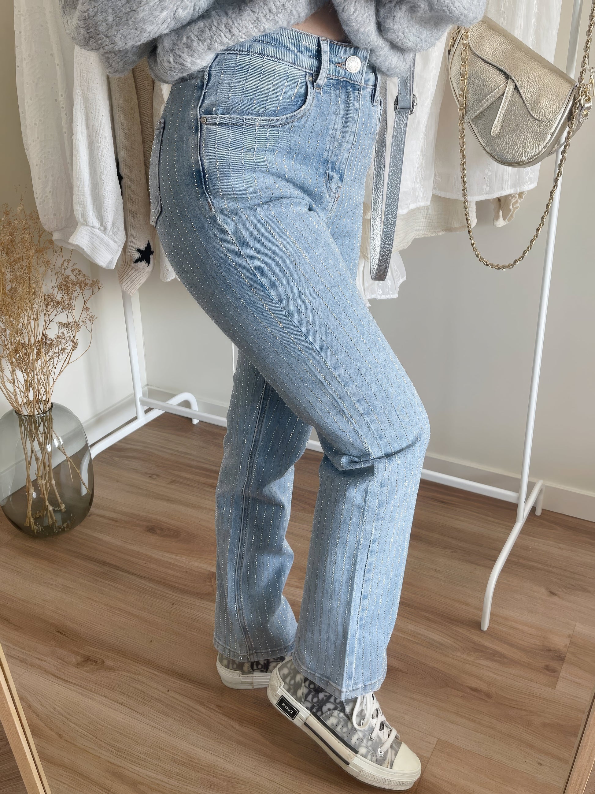 Glitterjeans - Damesjeans met hoge taille en rechte pijpen in lichtblauw-Hallo Susanne