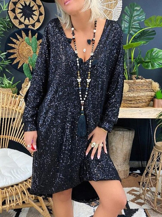 Glitterjurk | Lange Mouw | Losse Pasvorm | Losse Paillettenjurk | Feestjurk-Hallo Susanne