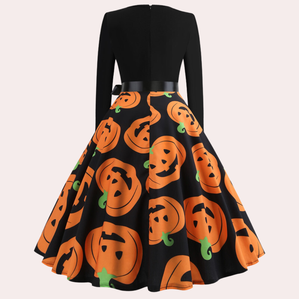 Halloween-jurk | Pompoenprint | Lange mouwen | A-lijn jurk | Damesjurk-Hallo Susanne