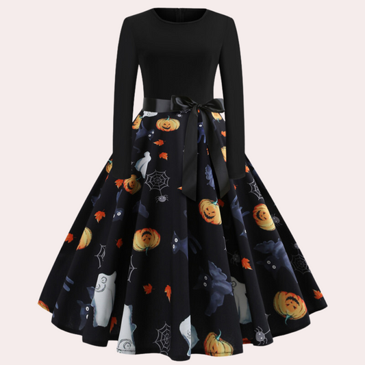 Halloween-jurk | Pompoenprint | Lange mouwen | A-lijn jurk | Damesjurk-Hallo Susanne