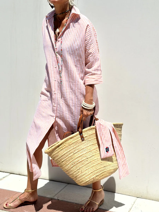 Jurk met overhemd | Button-Up | Lange Mouwen | Midi Jurk | Gestreepte Jurk-Hallo Susanne