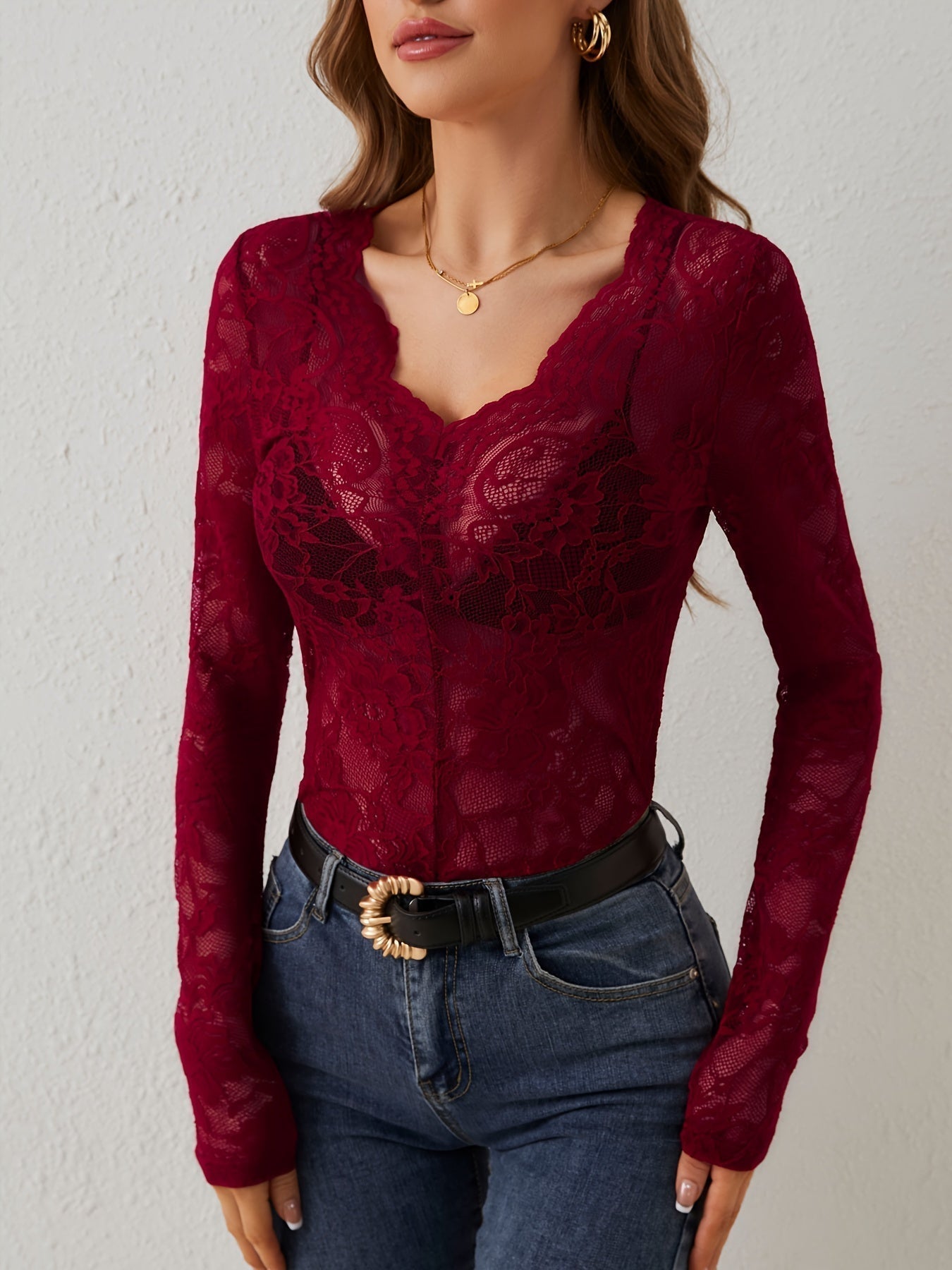 Kanten Blouse | V-Hals | Doorschijnend | Kanten Top | Kanten Top Met Lange Mouwen-Hallo Susanne