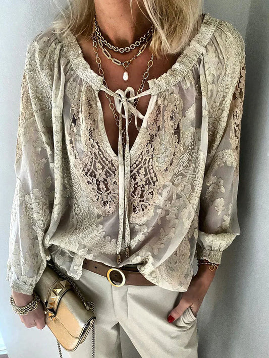 Kanten blouse - V-hals - Losse pasvorm - Blouse met lange mouwen - Dameskleding-Hallo Susanne
