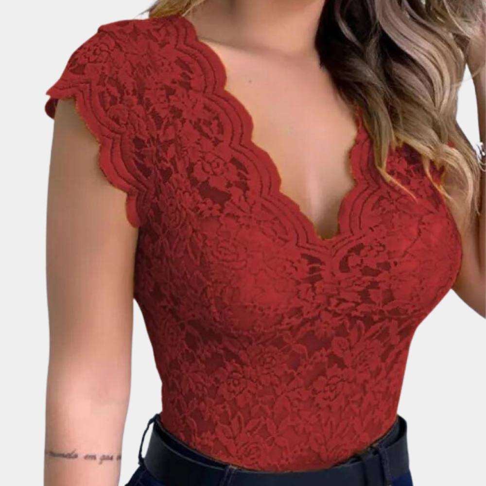 Kanten top | Slim fit | V-hals | Mouwloze kanten top | Dameskleding-Hallo Susanne