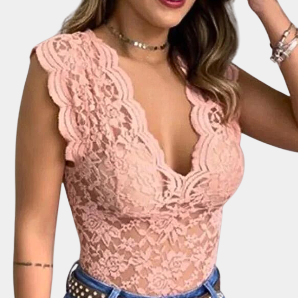 Kanten top | Slim fit | V-hals | Mouwloze kanten top | Dameskleding-Hallo Susanne