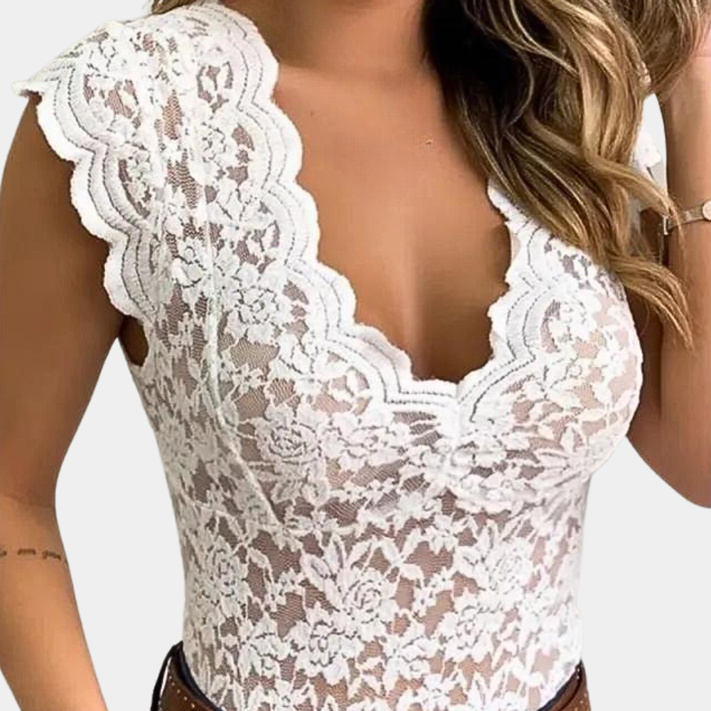 Kanten top | Slim fit | V-hals | Mouwloze kanten top | Dameskleding-Hallo Susanne