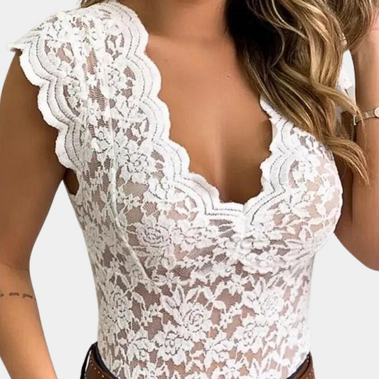Kanten top | Slim fit | V-hals | Mouwloze kanten top | Dameskleding-Hallo Susanne