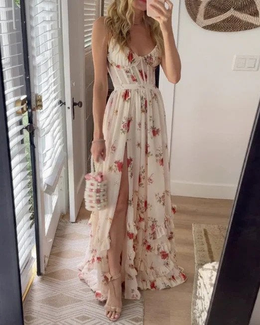 Korsetjurk | Split | Bloemen | Zomerjurk | Maxi Zondagjurk-Hallo Susanne