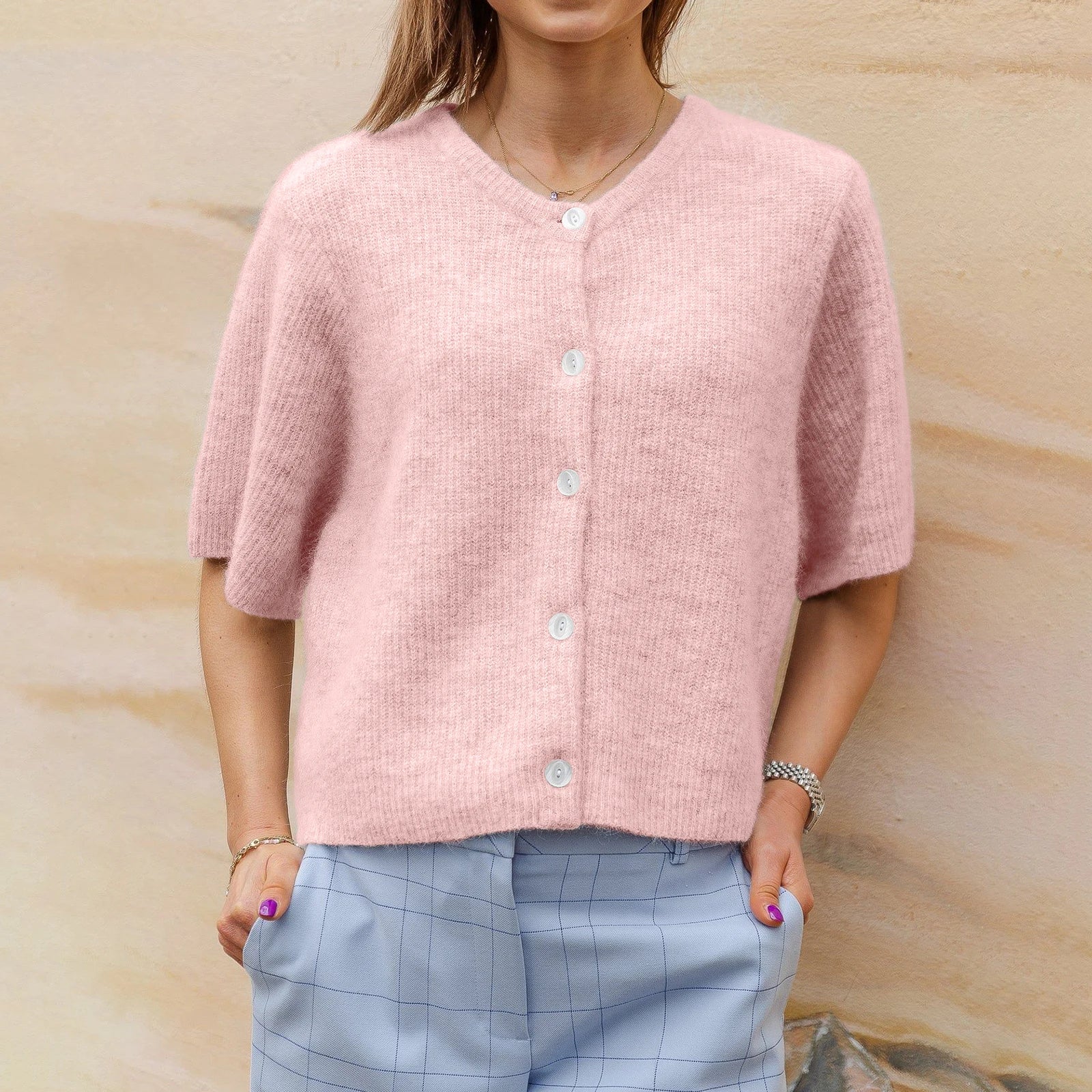 Kort mouwen vest - Knoopsluiting - Losse pasvorm - Gebreid vest - Damesbreigoed-Hallo Susanne