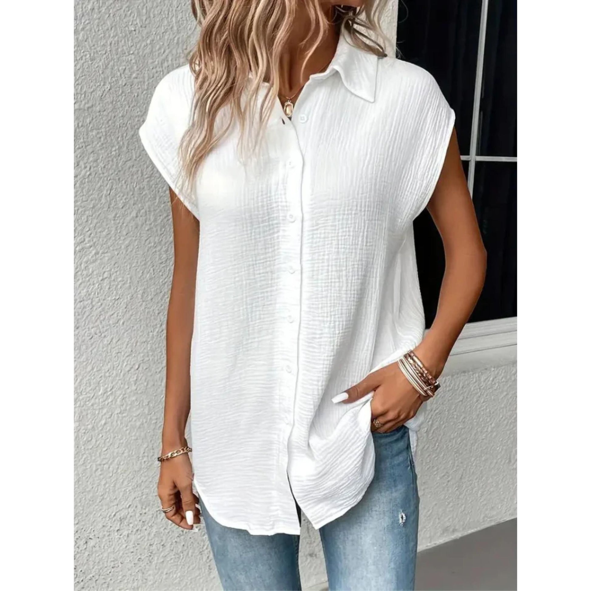 Korte Mouwen Blouse - Dames top met knopen en strik aan de voorkant voor de zomer-Hallo Susanne