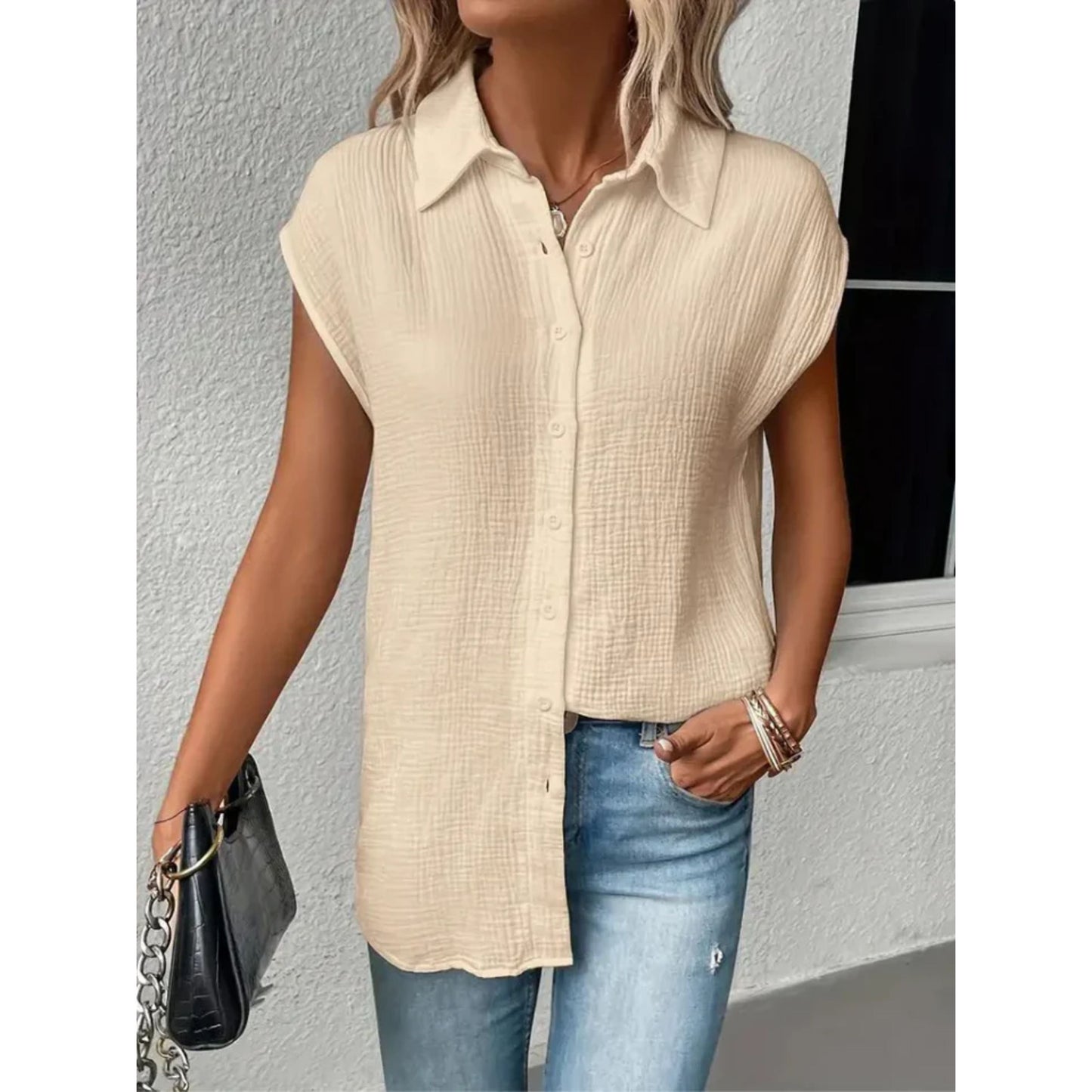 Korte Mouwen Blouse - Dames top met knopen en strik aan de voorkant voor de zomer-Hallo Susanne