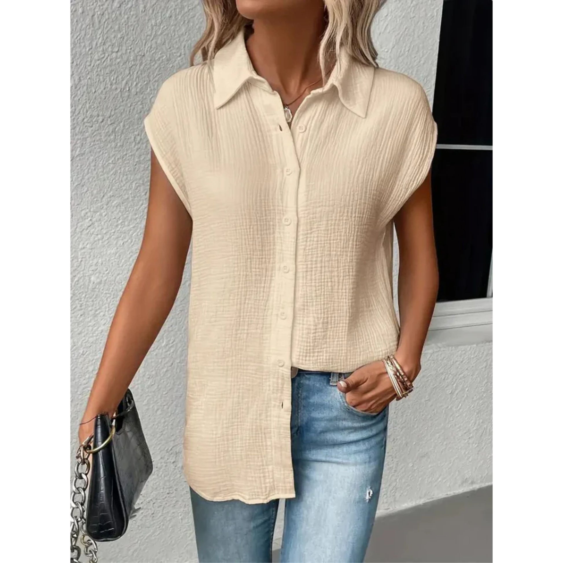 Korte Mouwen Blouse - Dames top met knopen en strik aan de voorkant voor de zomer-Hallo Susanne