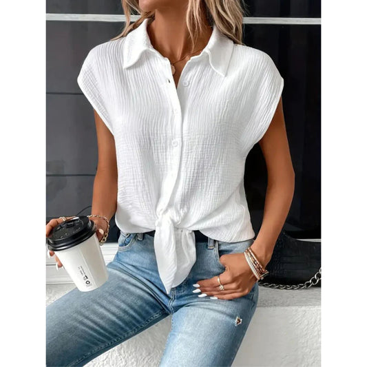 Korte Mouwen Blouse - Dames top met knopen en strik aan de voorkant voor de zomer-Hallo Susanne