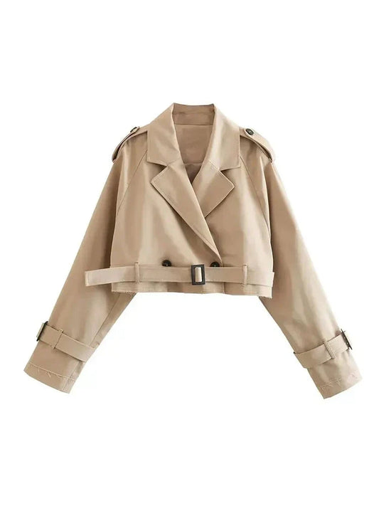 Korte Trenchcoat - Vrouwen Beige Double Breasted Korte Trenchcoat met Riem-Hallo Susanne
