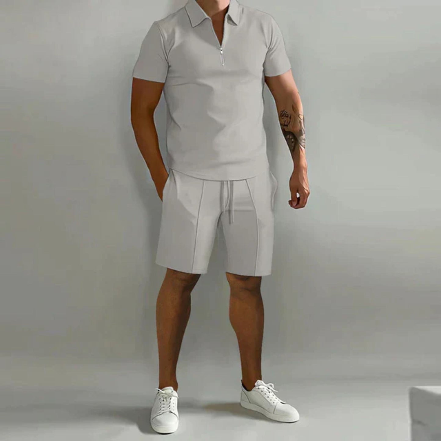 Korte broek en T-shirt set | Kwart rits | Poloshirt | Tweedelige set | Zomerkleding voor heren-Hallo Susanne