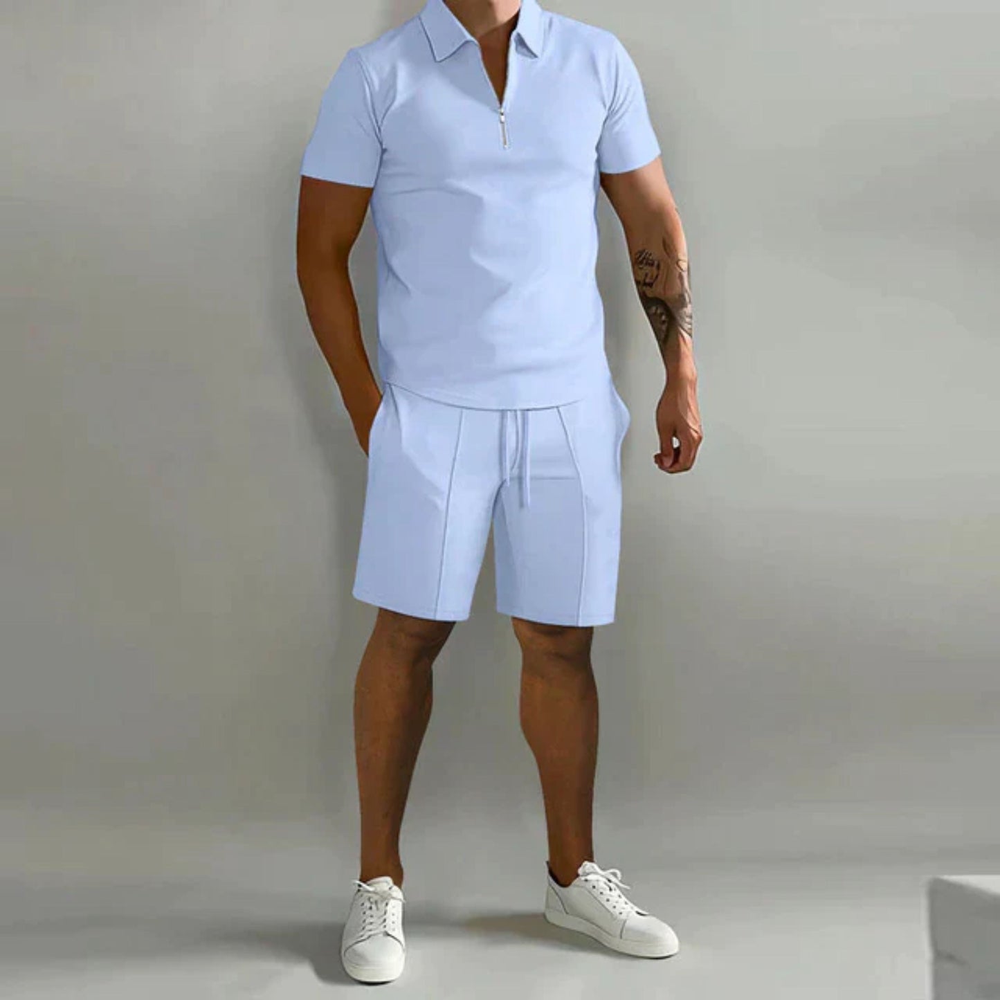 Korte broek en T-shirt set | Kwart rits | Poloshirt | Tweedelige set | Zomerkleding voor heren-Hallo Susanne