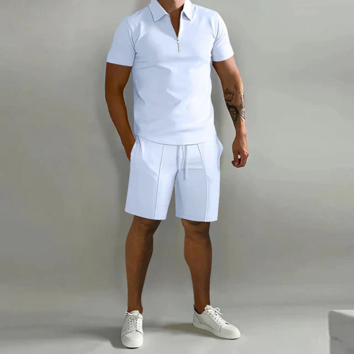 Korte broek en T-shirt set | Kwart rits | Poloshirt | Tweedelige set | Zomerkleding voor heren-Hallo Susanne