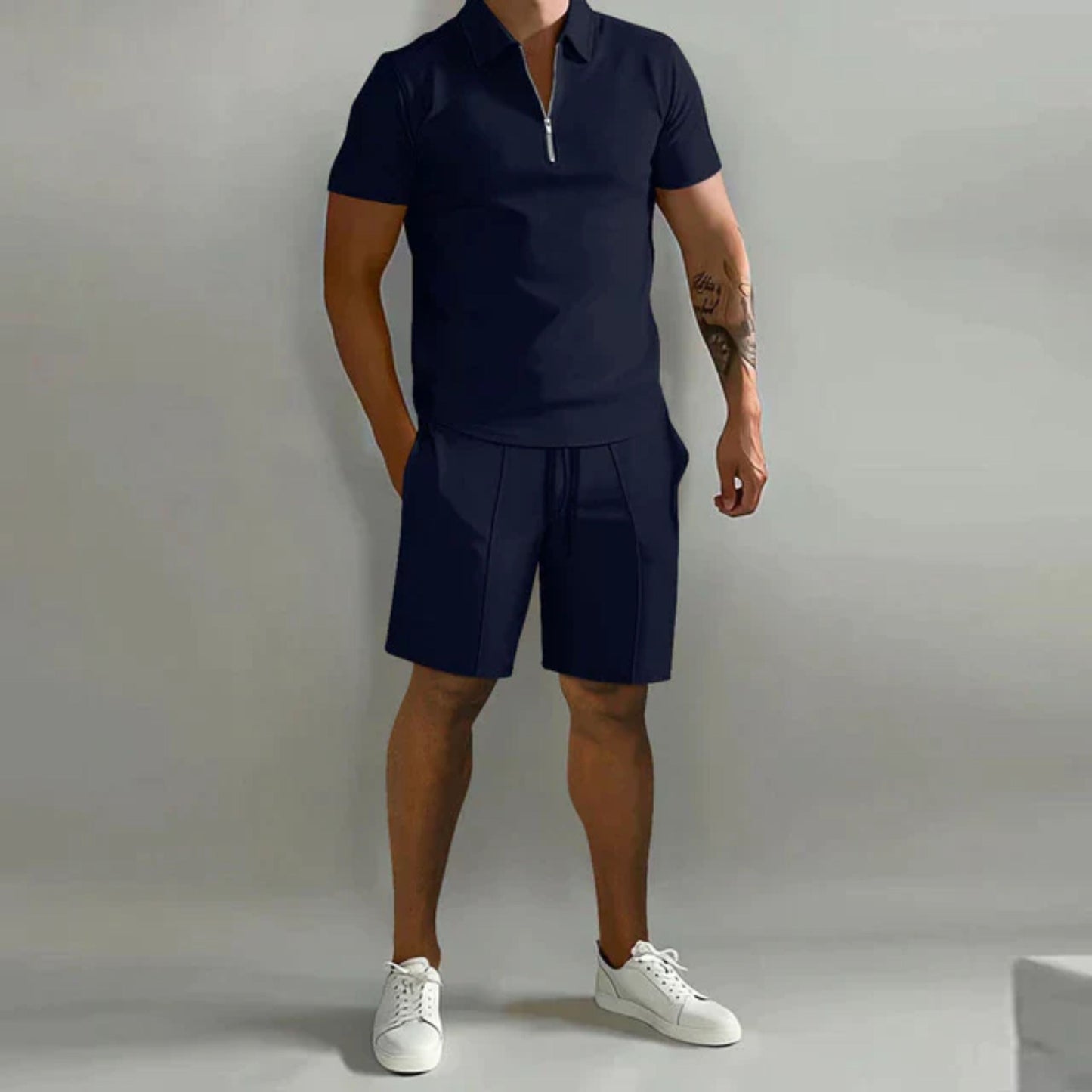 Korte broek en T-shirt set | Kwart rits | Poloshirt | Tweedelige set | Zomerkleding voor heren-Hallo Susanne