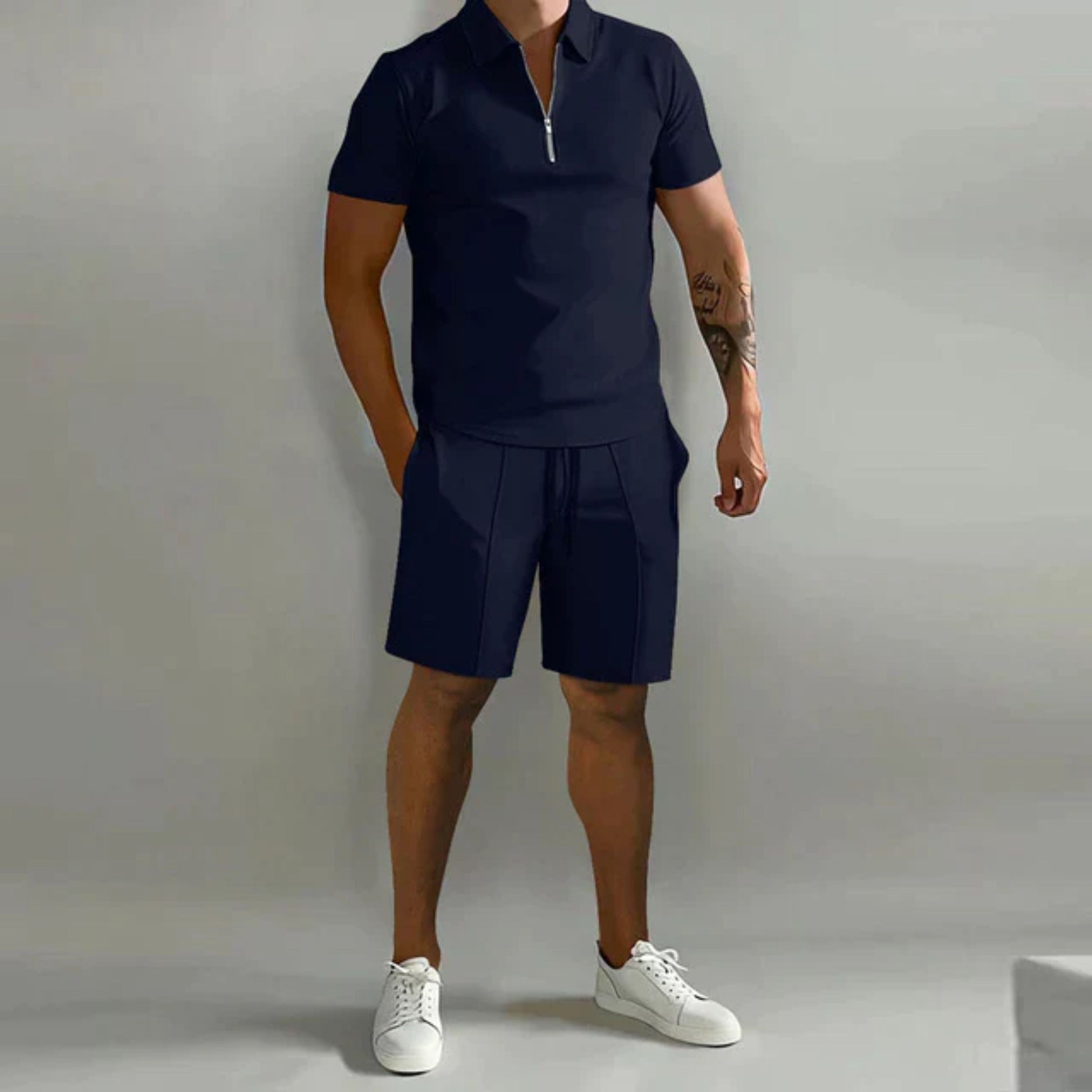 Korte broek en T-shirt set | Kwart rits | Poloshirt | Tweedelige set | Zomerkleding voor heren-Hallo Susanne