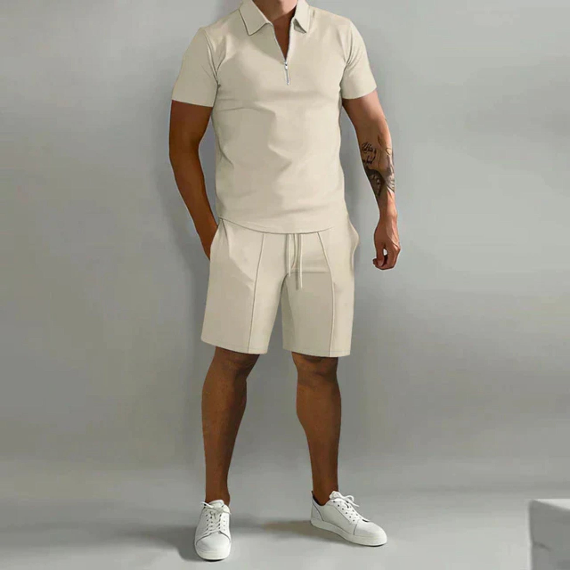 Korte broek en T-shirt set | Kwart rits | Poloshirt | Tweedelige set | Zomerkleding voor heren-Hallo Susanne