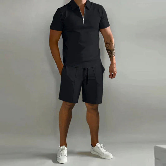 Korte broek en T-shirt set | Kwart rits | Poloshirt | Tweedelige set | Zomerkleding voor heren-Hallo Susanne