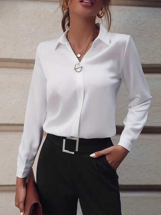Kraagblouse - Elegant - Lange Mouw - Formele Overhemden - Werkblouses voor Vrouwen-Hallo Susanne
