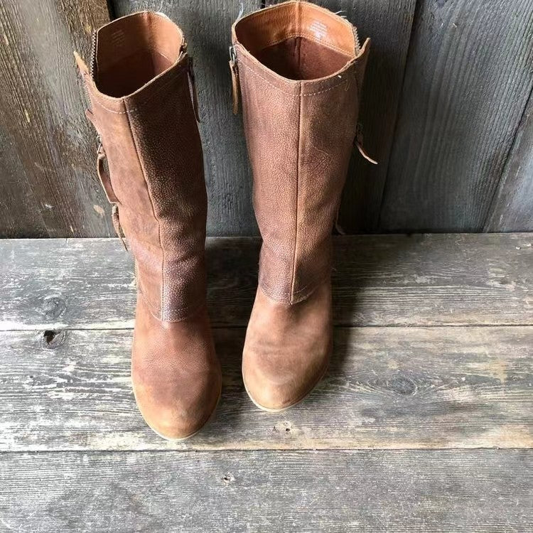 Laarzen met hakken - Bruine leren laarzen met rits tot halverwege de kuit voor dames-Hallo Susanne