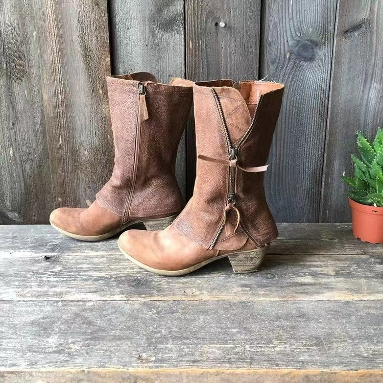 Laarzen met hakken - Bruine leren laarzen met rits tot halverwege de kuit voor dames-Hallo Susanne
