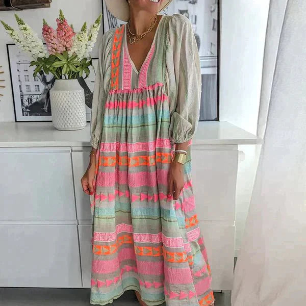 Lange jurk | Lange mouwen | V-hals | Losvallende jurken | Zomerjurk-Hallo Susanne