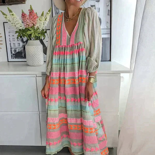 Lange jurk | Lange mouwen | V-hals | Losvallende jurken | Zomerjurk-Hallo Susanne