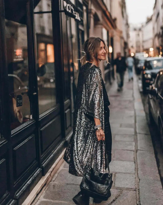 Lange kimono met lovertjes - Open voorkant - Lange mouwen - Glitter kimono - Glitter vest-Hallo Susanne