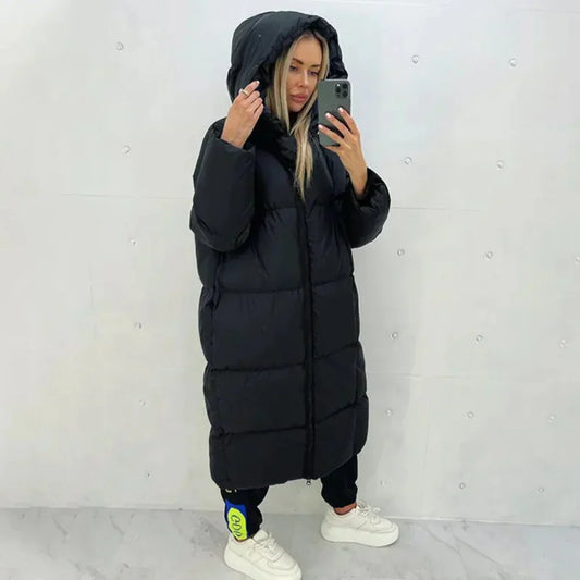 Lange pufferjas - Warme lange winterjas met capuchon voor dames-Hallo Susanne