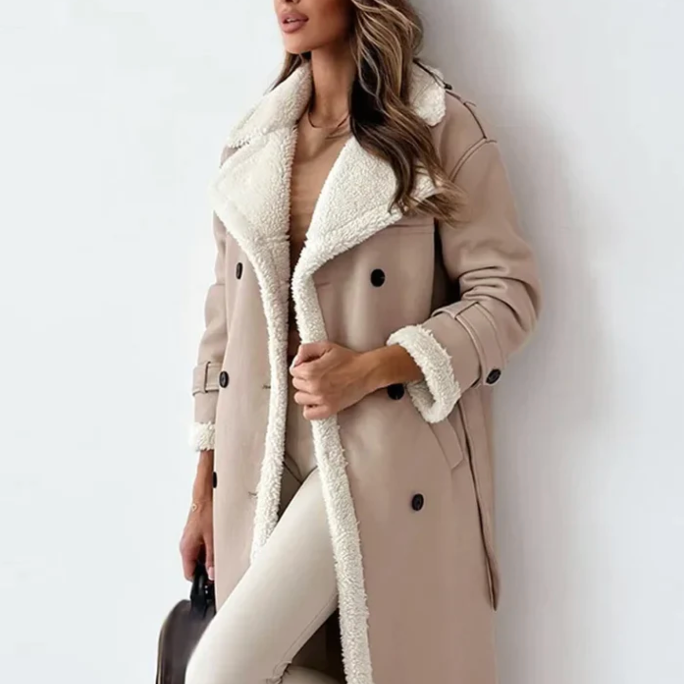 Lange winterjas - Dames wintertrenchcoat met dubbele knoopsluiting en riem-Hallo Susanne