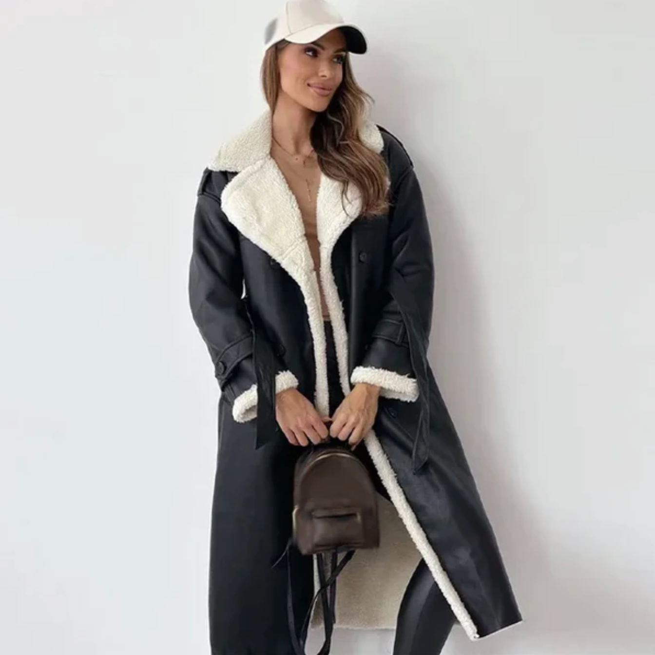 Lange winterjas - Dames wintertrenchcoat met dubbele knoopsluiting en riem-Hallo Susanne