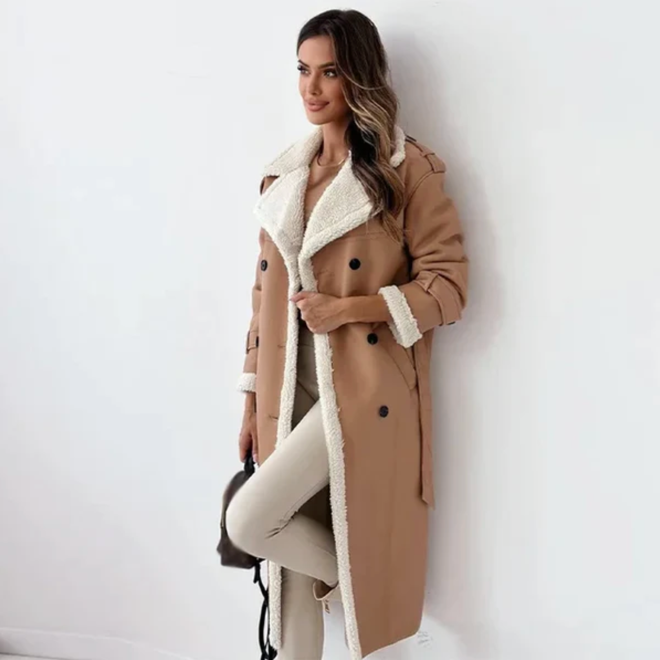 Lange winterjas - Dames wintertrenchcoat met dubbele knoopsluiting en riem-Hallo Susanne