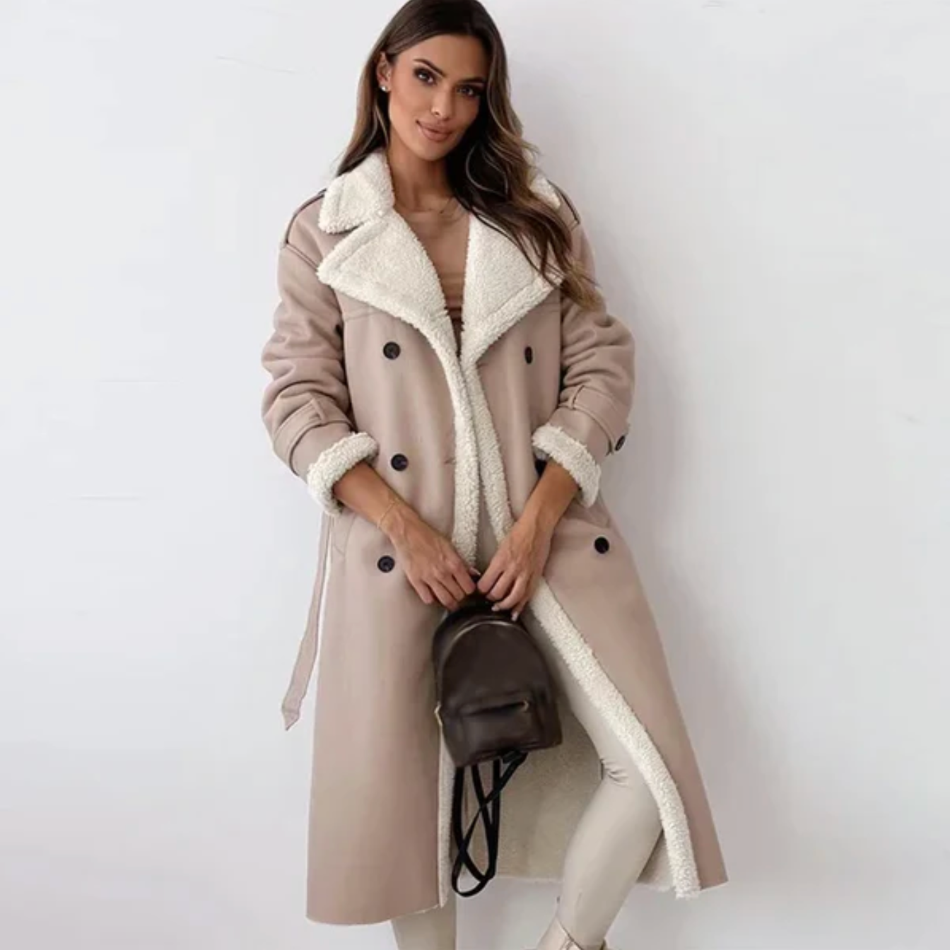 Lange winterjas - Dames wintertrenchcoat met dubbele knoopsluiting en riem-Hallo Susanne