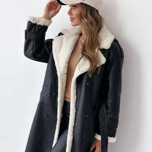 Lange winterjas - Dames wintertrenchcoat met dubbele knoopsluiting en riem-Hallo Susanne