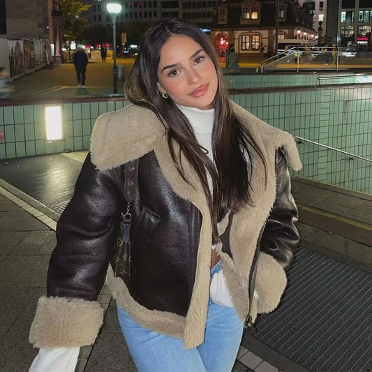 Leren jas met imitatiebont - oversized - met bont gevoerd - winter leren jas - damesjassen-Hallo Susanne