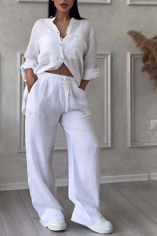 Linen Co-Ord Set | Button-Up | Wijde pijpen | Tweedelige set | Linnen shirt en broek dames-Hallo Susanne