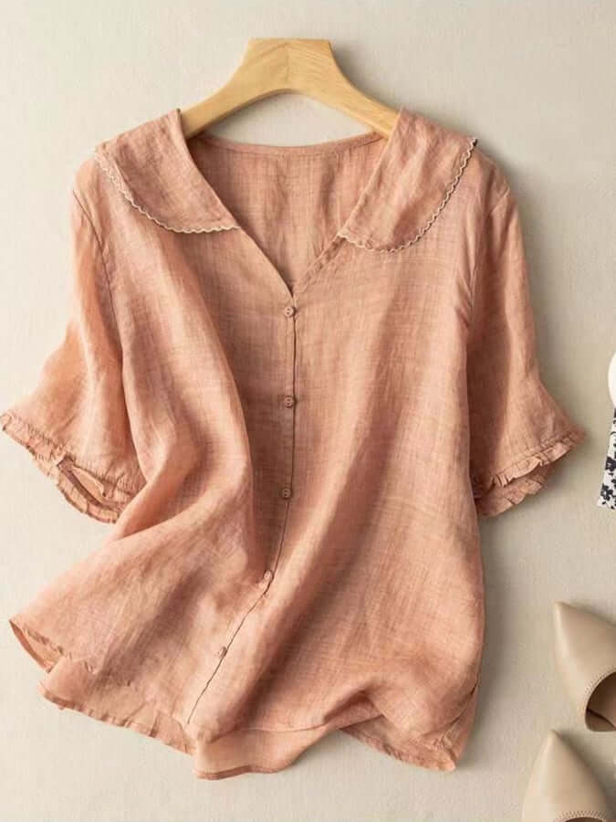 Linnen Blouse - Korte Mouw - Poppenkraag - Dames Zomertops - Linnen T-Shirts Vrouwen-Hallo Susanne