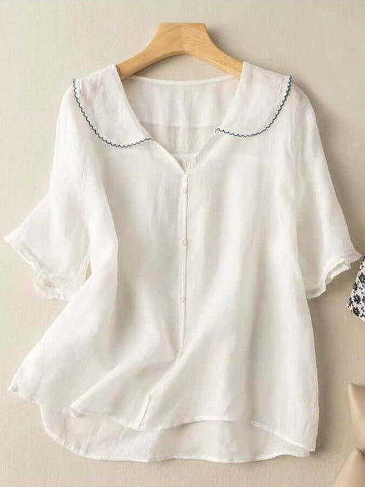 Linnen Blouse - Korte Mouw - Poppenkraag - Dames Zomertops - Linnen T-Shirts Vrouwen-Hallo Susanne