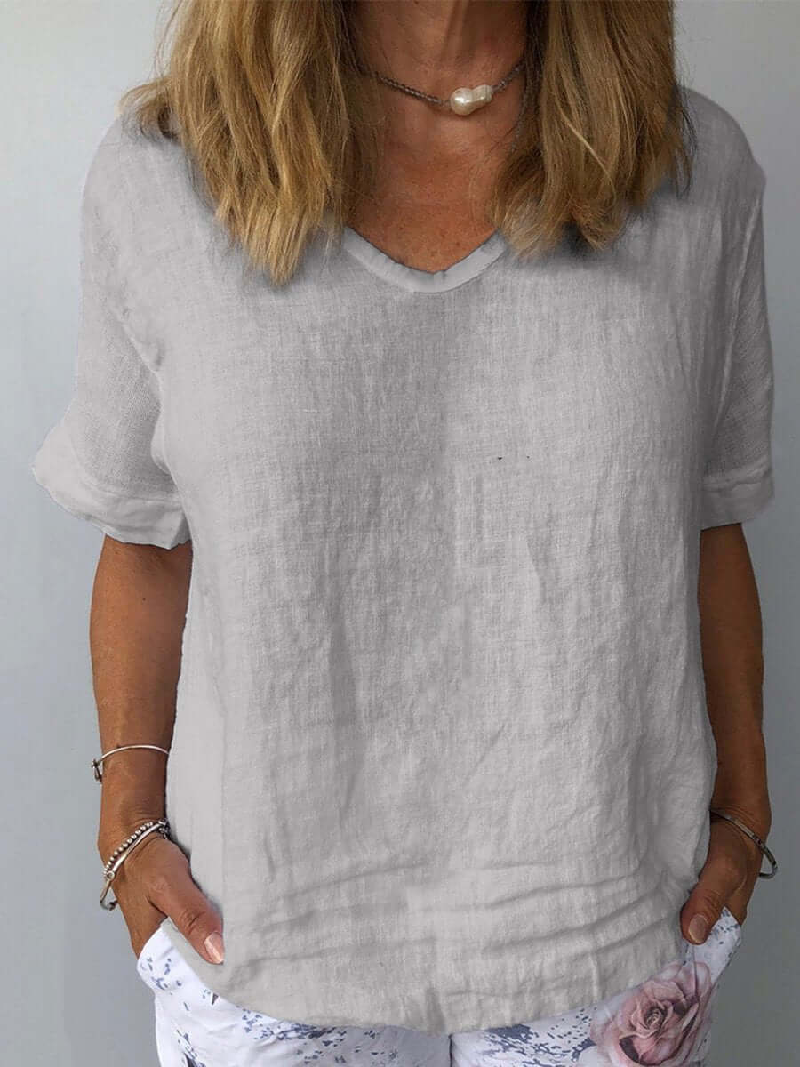 Linnen Top - Losjes Fit - Korte Mouw - Linnen Blouse - Dames T-shirt-Hallo Susanne