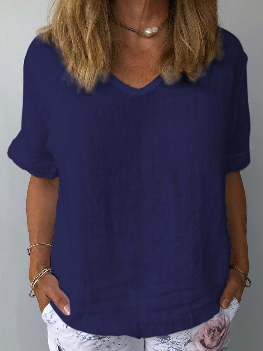 Linnen Top - Losjes Fit - Korte Mouw - Linnen Blouse - Dames T-shirt-Hallo Susanne