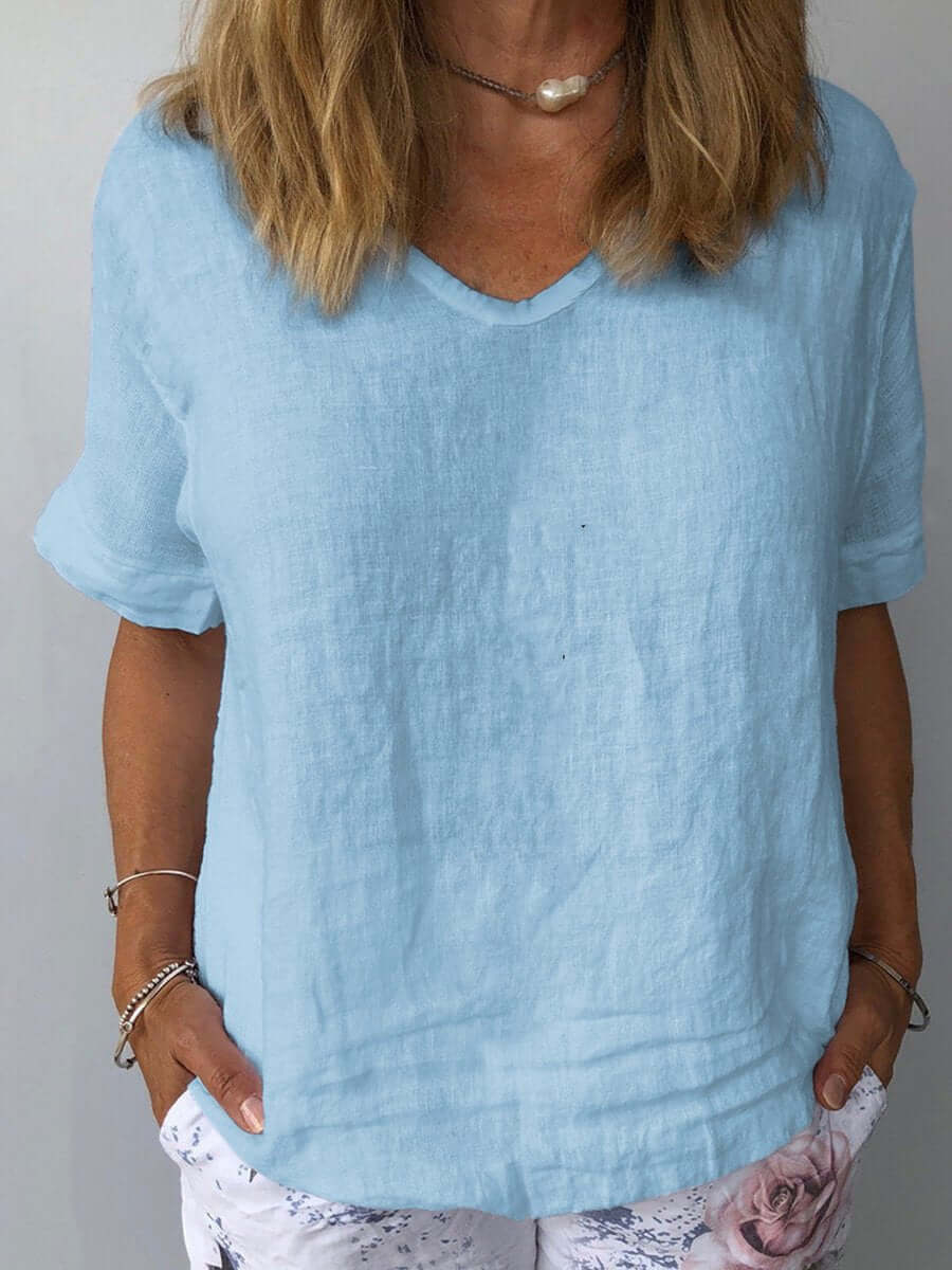 Linnen Top - Losjes Fit - Korte Mouw - Linnen Blouse - Dames T-shirt-Hallo Susanne