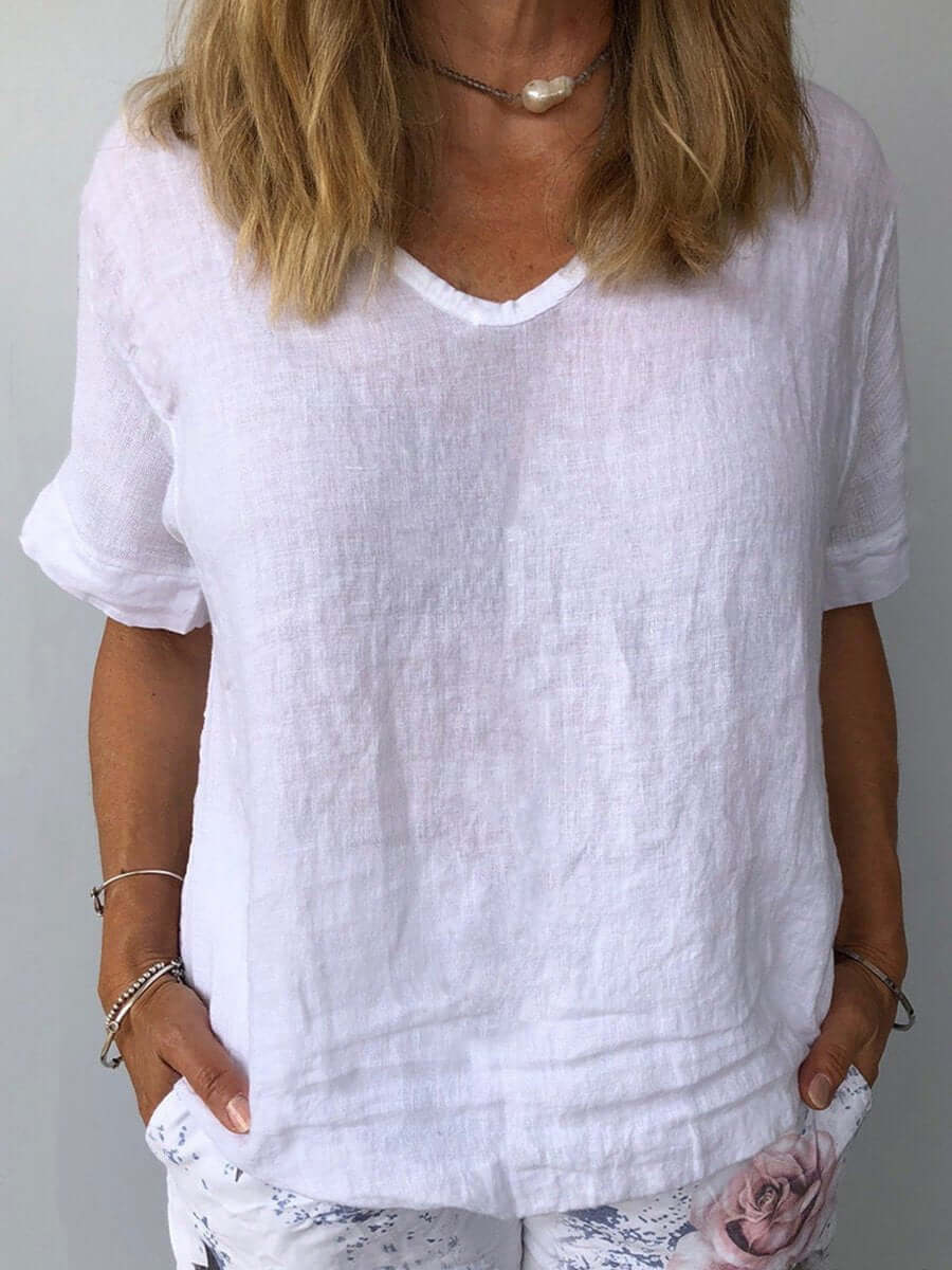 Linnen Top - Losjes Fit - Korte Mouw - Linnen Blouse - Dames T-shirt-Hallo Susanne