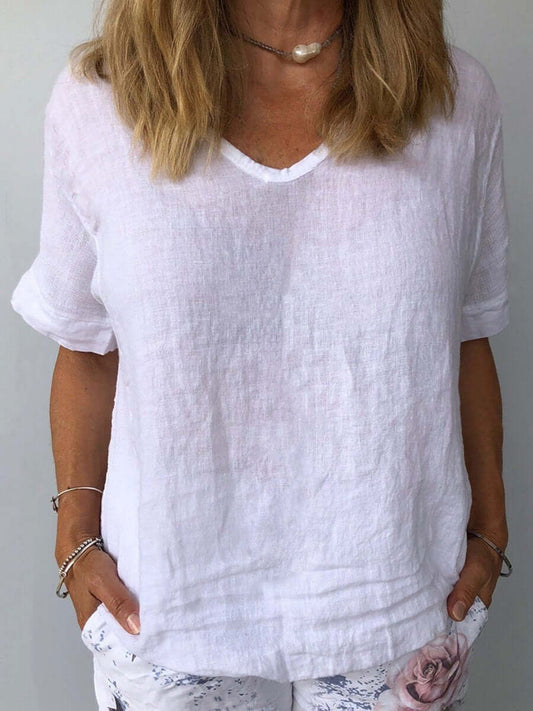 Linnen Top - Losjes Fit - Korte Mouw - Linnen Blouse - Dames T-shirt-Hallo Susanne