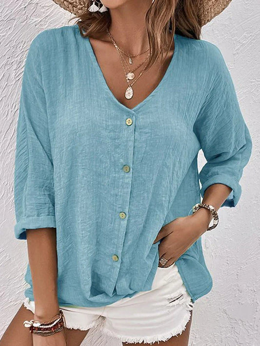 Linnen blouse | Losse pasvorm | V-hals | Blouse met knopen | Linnen overhemden voor dames-Hallo Susanne