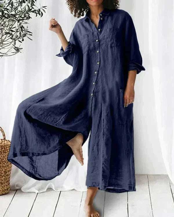 Linnen jumpsuit - Lange mouwen - Los model - Jumpsuit met wijde pijpen - Dameskleding-Hallo Susanne